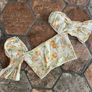 NWOT UO puff sleeve shirred ruched off shoulder crop top fruit print gathered
